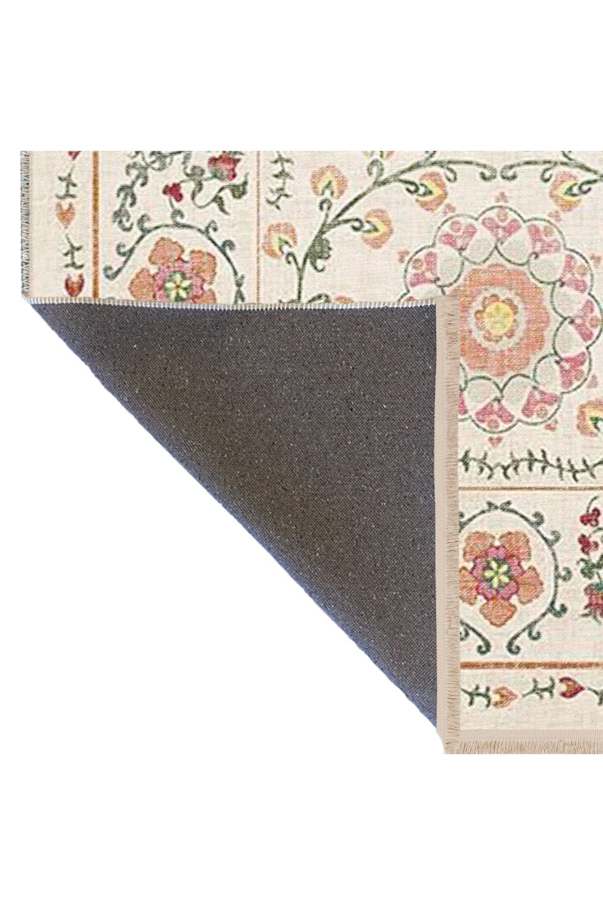 Bej Pembe Temalı Motifli Etnik Çiçek Desenli Saçaklı Vintage Dekoratif Halı 3278