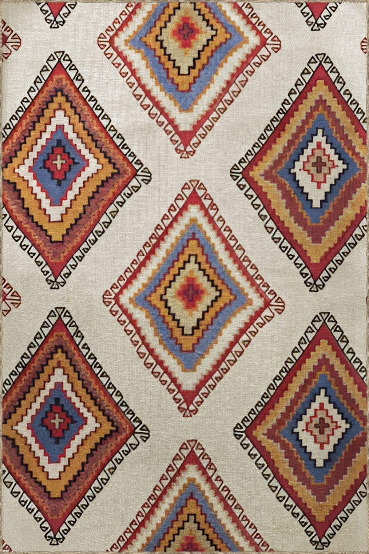 Bej Temalı Çok Renkli Etnik Geometrik Dörtgen Motif Desenli Modern Dekoratif Halı 2343