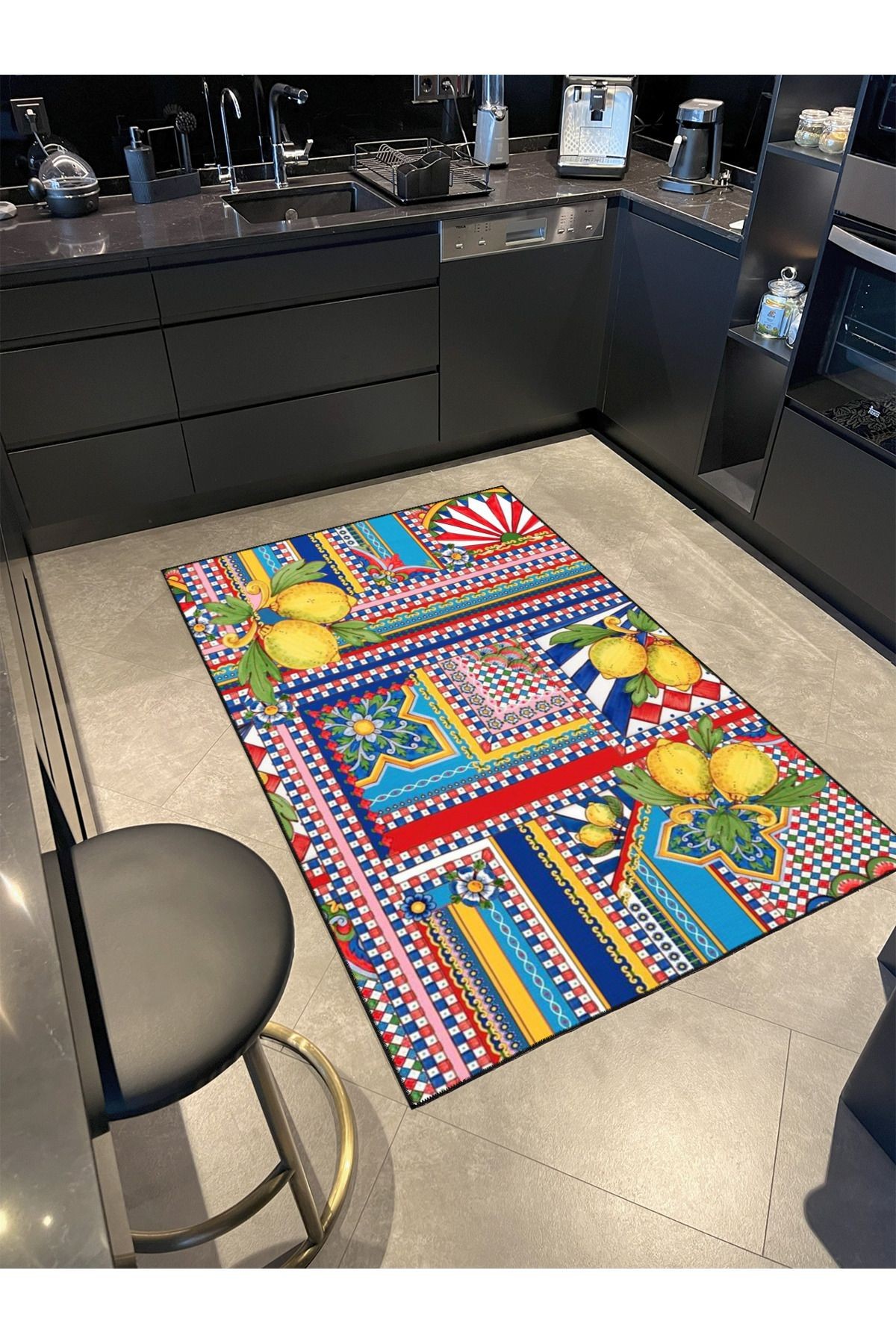 Limon Desenli Karışık Renkli Çiçekli Floral Geometrik Modern Dekoratif Halı miravip222