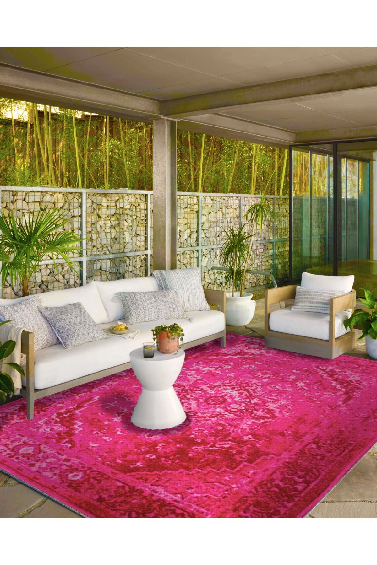 Pembe Geleneksel Çiçekli Bordürlü Temalı Desenli Dokuma Taban Halı ve Yıkanabilir Halı aloha192