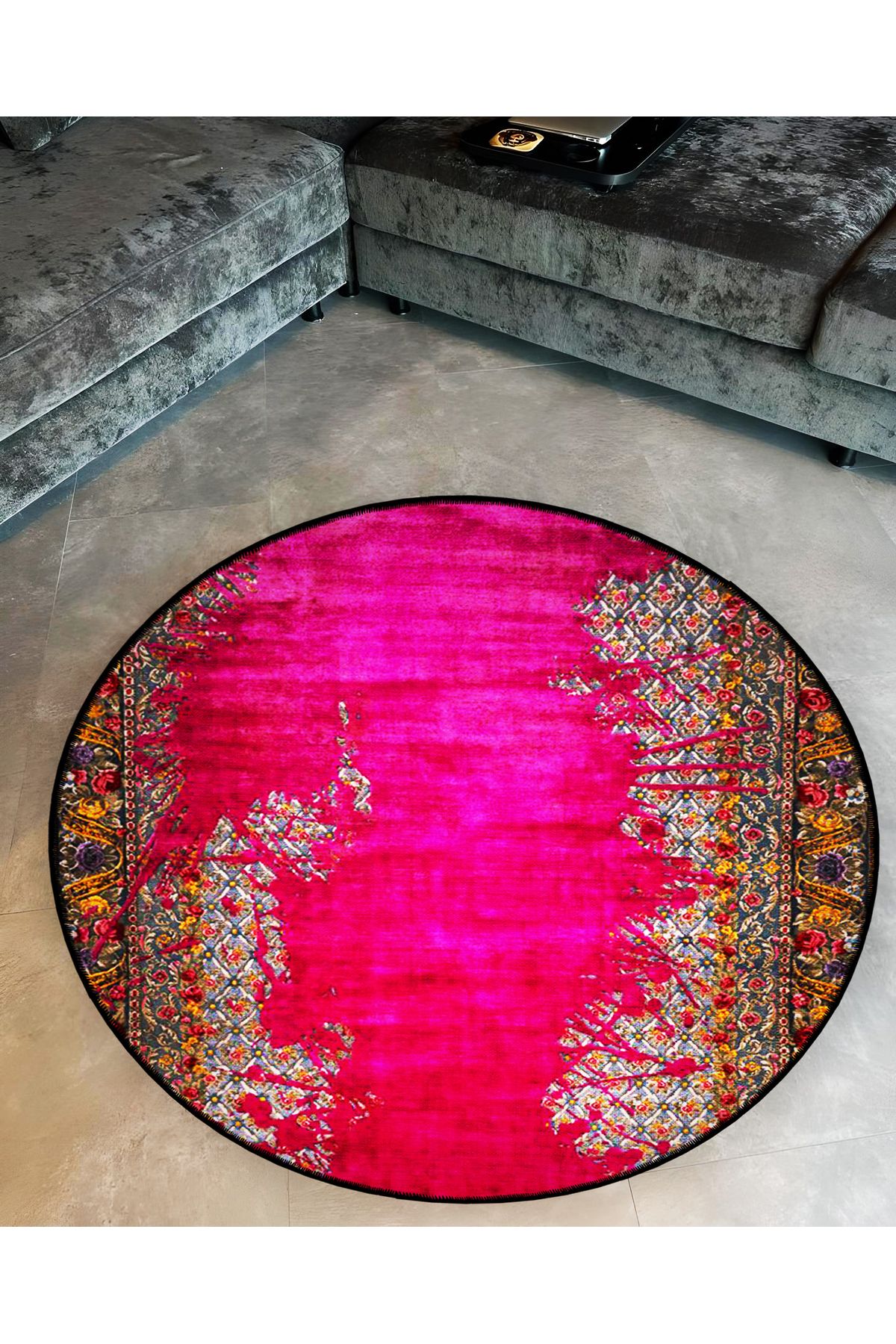 Mira Yuvarlak Antik Zeminde Pembe Karışık Çizgiler Detaylı Dokuma Taban Modern Dekoratif Halı 5700