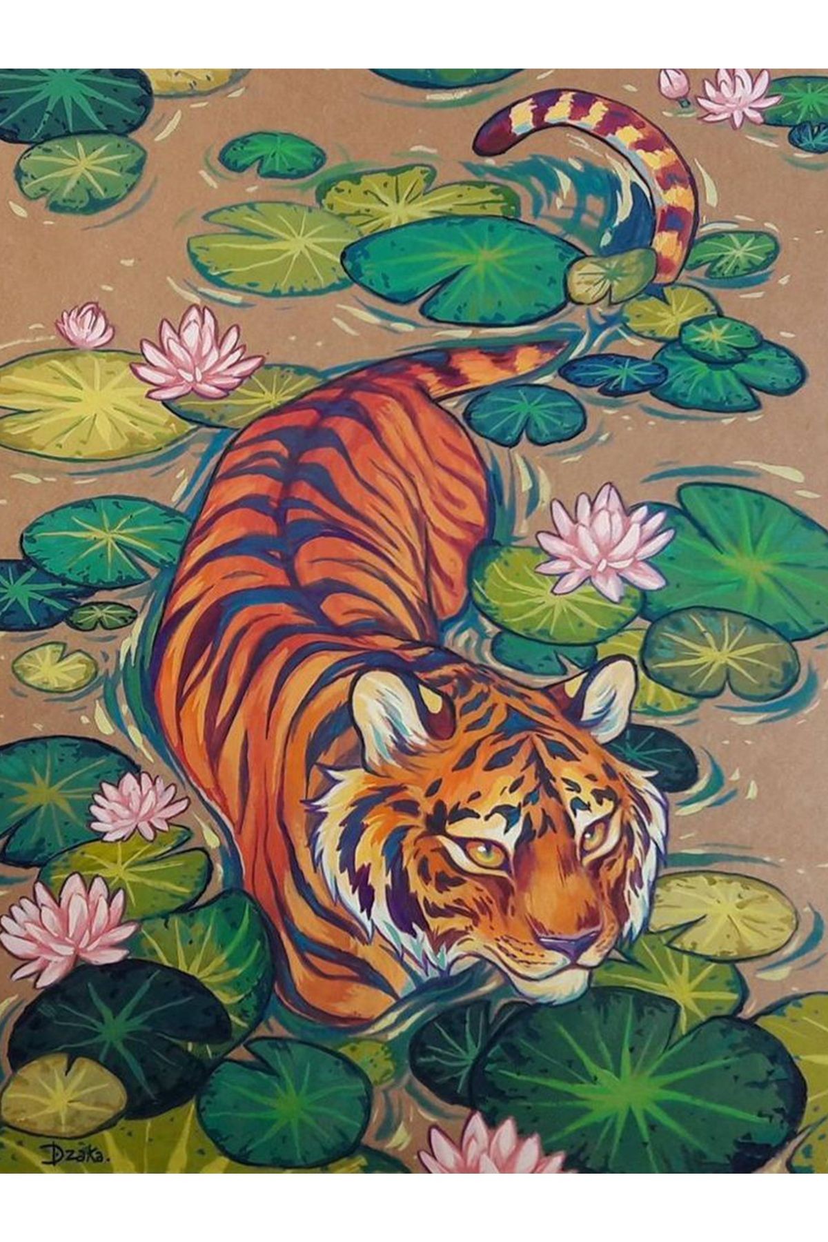 Yılmaz Koleksiyonu Çok Renkli Gölde Lotus Çiçekleri ve Kaplan Desenli Modern Dekoratif Halı yılmaz33