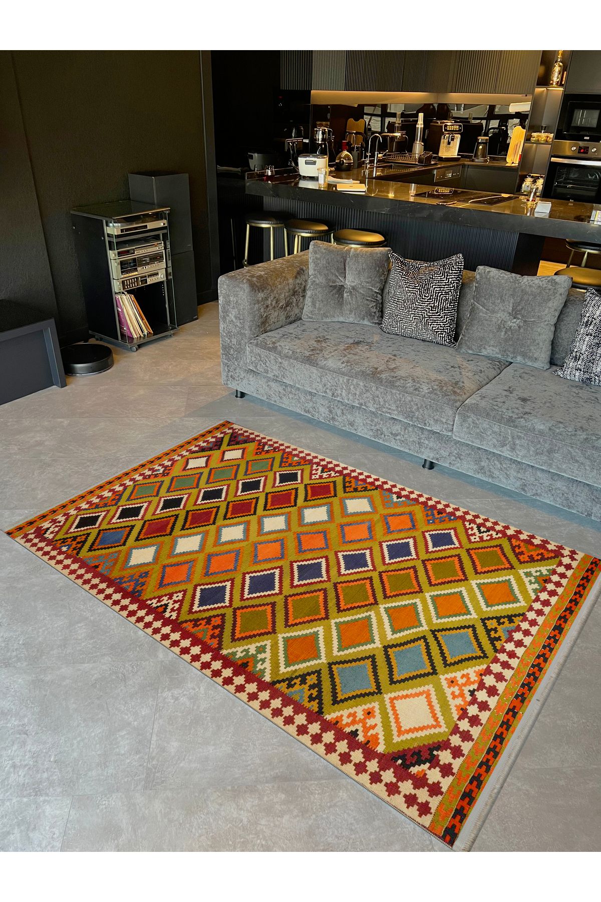 Güney Koleksiyonu Çok Renkli Dörtgen Etnik Motif Desenli Vintage Dekoratif Halı 27