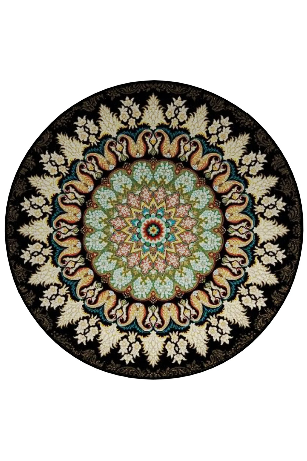 Mira Yuvarlak Siyah Yeşil Antik Desen Detaylı Dokuma Taban Modern Dekoratif Halı 5672