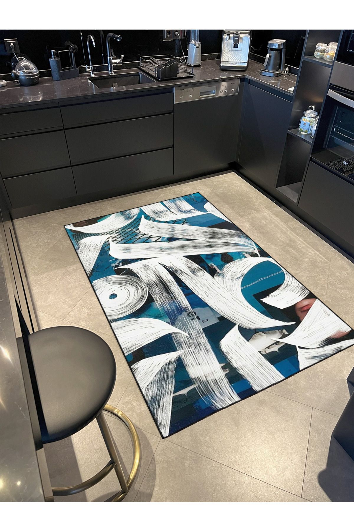 Mavi Krem Temalı Desenli Modern Dekoratif Halı ve Yıkanabilir Halı miravip9585