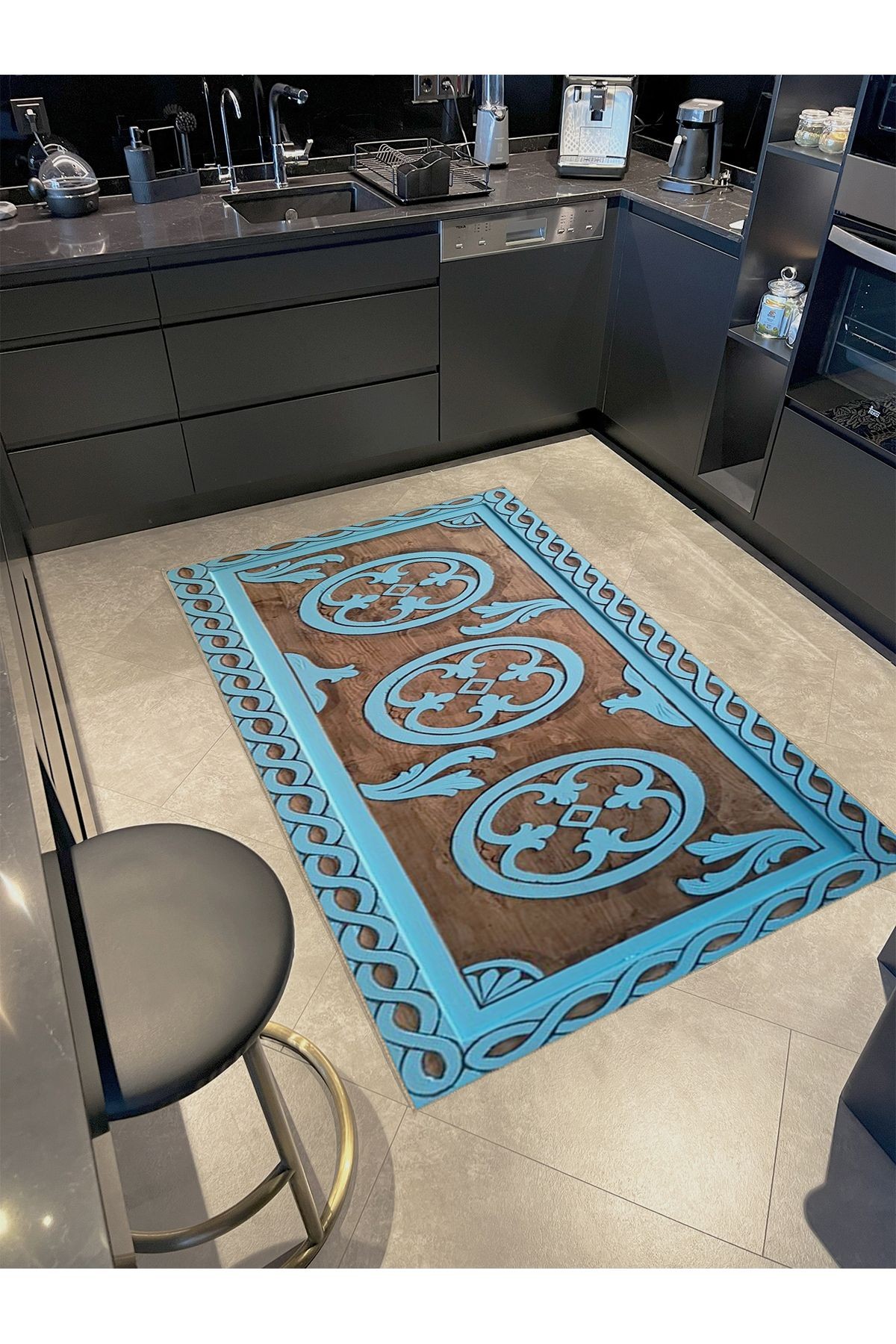 Seda Koleksiyonu Turkuaz Detaylı Antik Desenli Dokuma Taban Modern Dekoratif Halı seda06