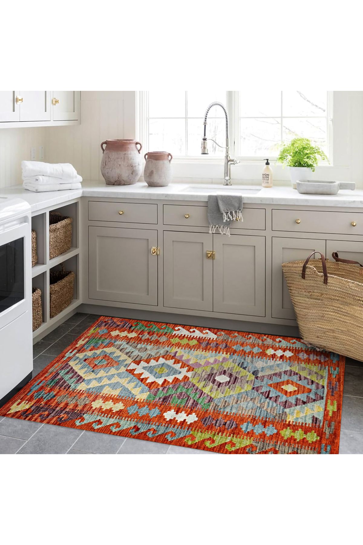 Asena Koleksiyonu Çok Renkli Geometrik Şekilli İskandinav Desenli Vintage Dekoratif Halı 01