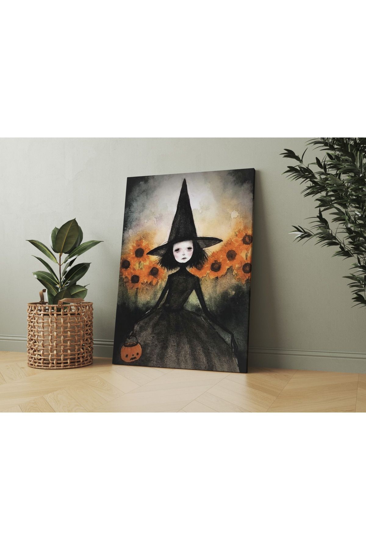 Kanvas Tablo Halloween Küçük Cadı Kız Eskitme
