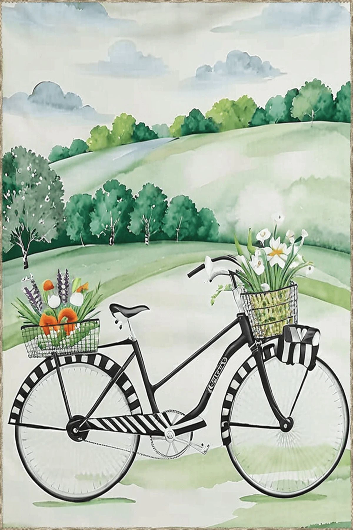 Paris Koleksiyonu Dağ Manzarası Temalı Bisiklet ve Ağaçlar Desenli Modern Dekoratif Halı 95