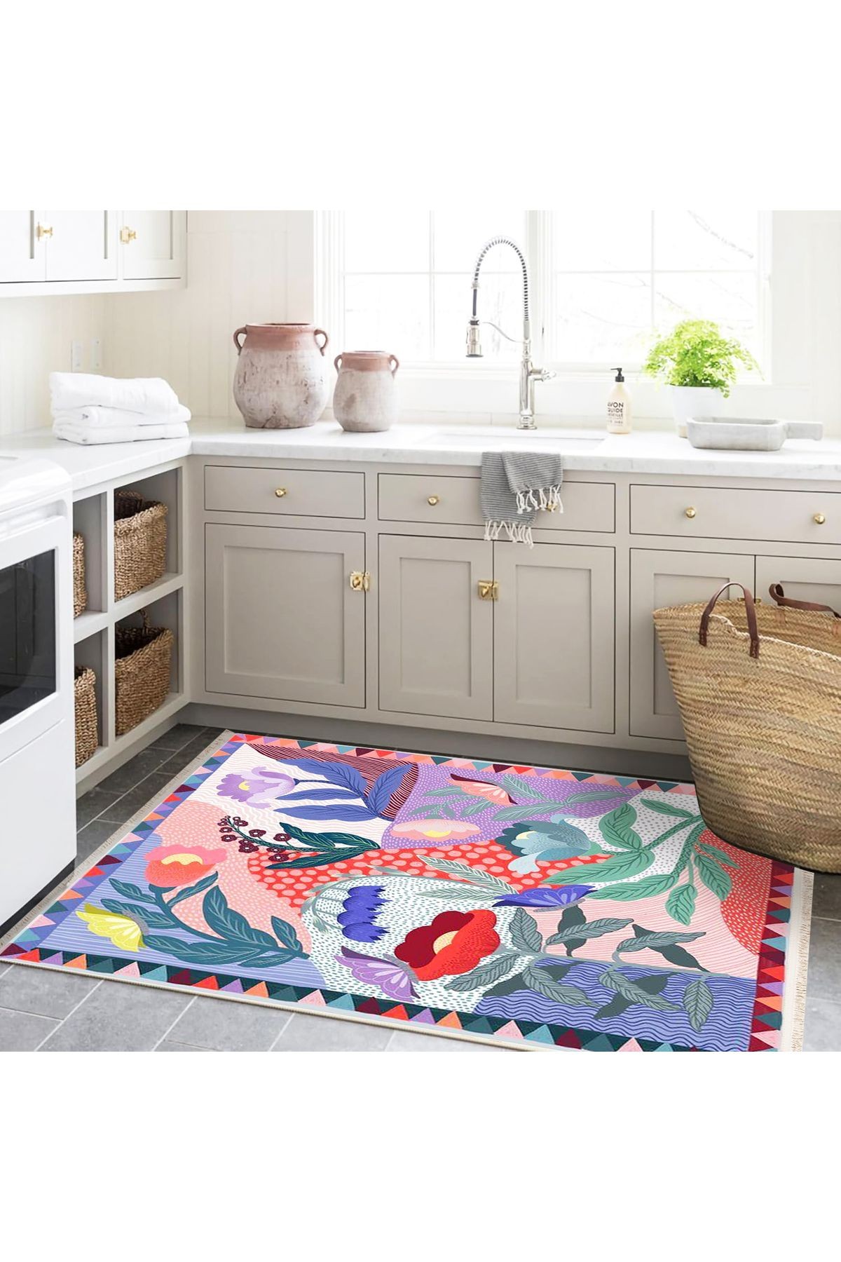 Özge Koleksiyonu Pembe Lila Geometrik ve Çiçek Desenli Dokuma Taban Modern Dekoratif Halı özge32