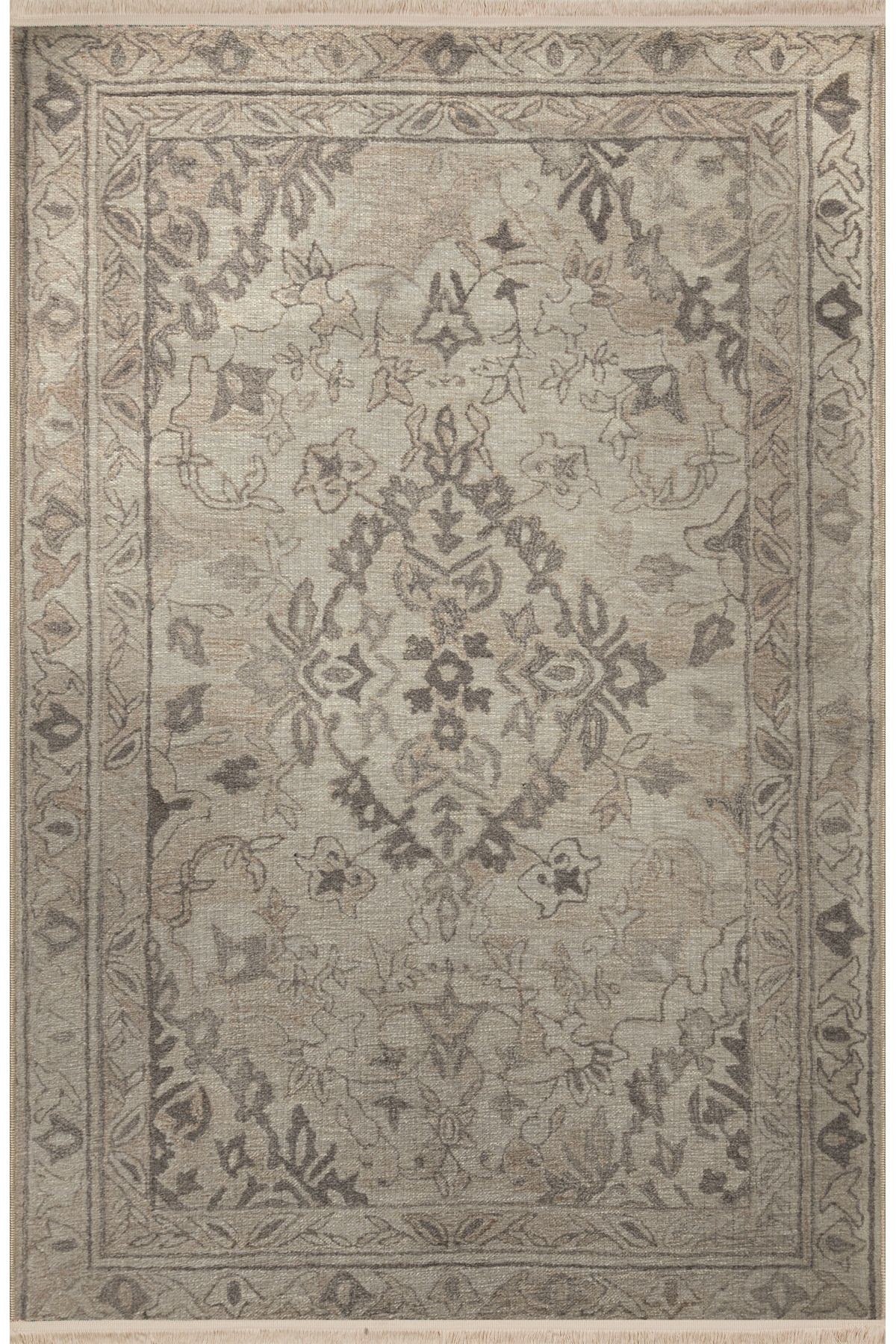Gri Bej Temalı Geleneksel Motif Çiçek Desenli Saçaklı Vintage Dekoratif Halı 3133