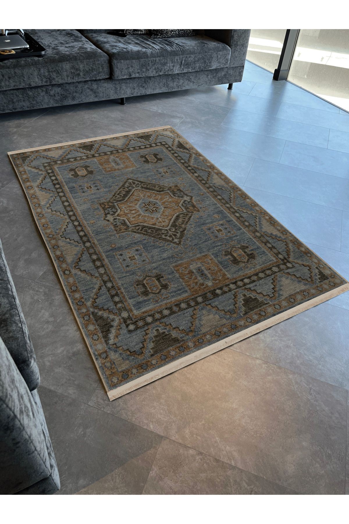 Mavi Turuncu Temalı Geleneksel Motif Etnik Desenli Saçaklı Vintage Dekoratif Halı 3153