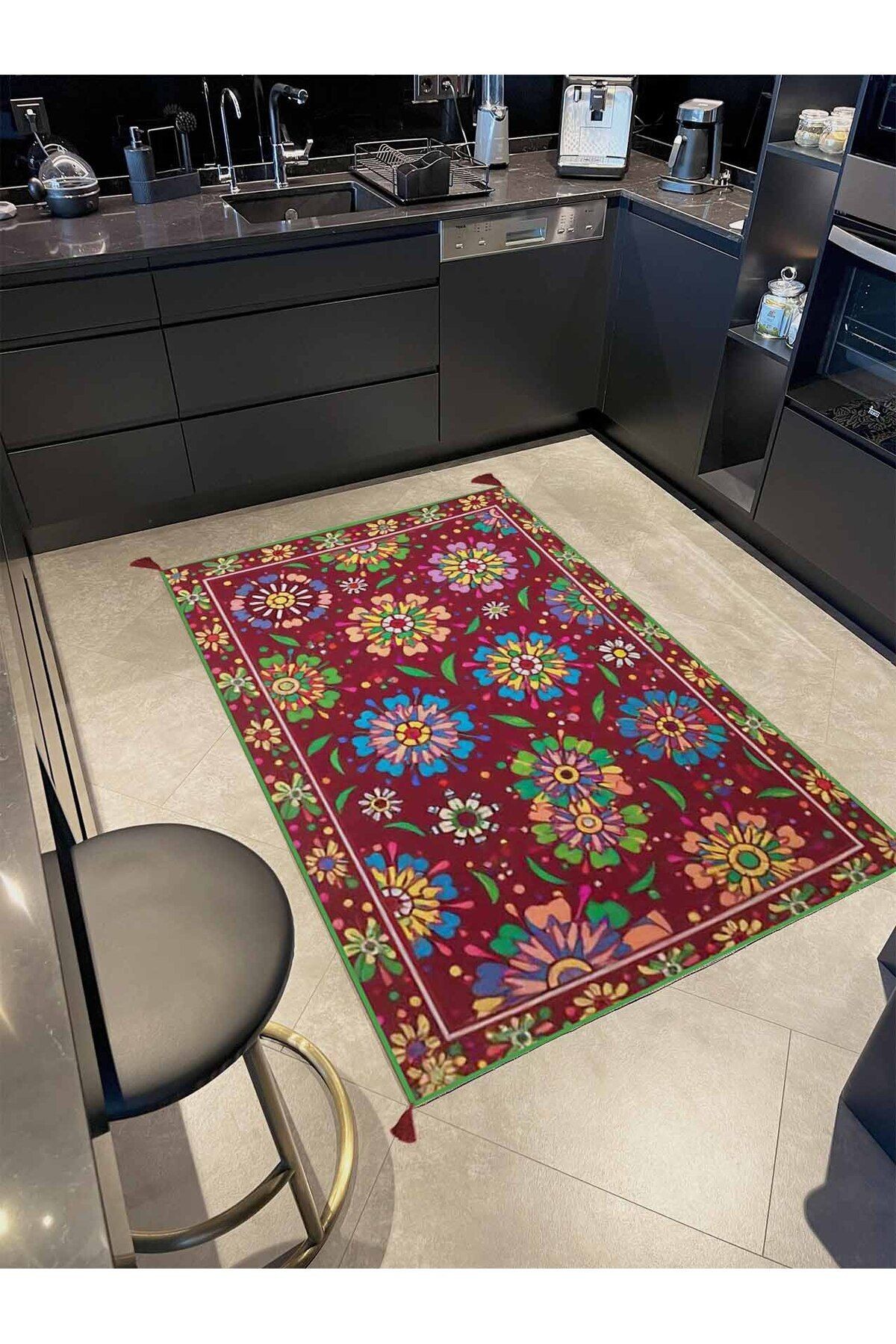 Haryana Koleksiyonu Bordo Tema ve Çiçek Motifleri Desenli Dokuma Taban Vintage Dekoratif Halı 21