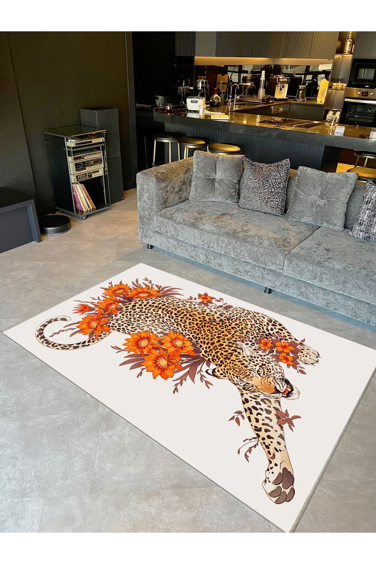 İnci Koleksiyonu Turuncu Tema Leopar ve Çiçek Desenli Dokuma Taban Modern Dekoratif Halı inci13