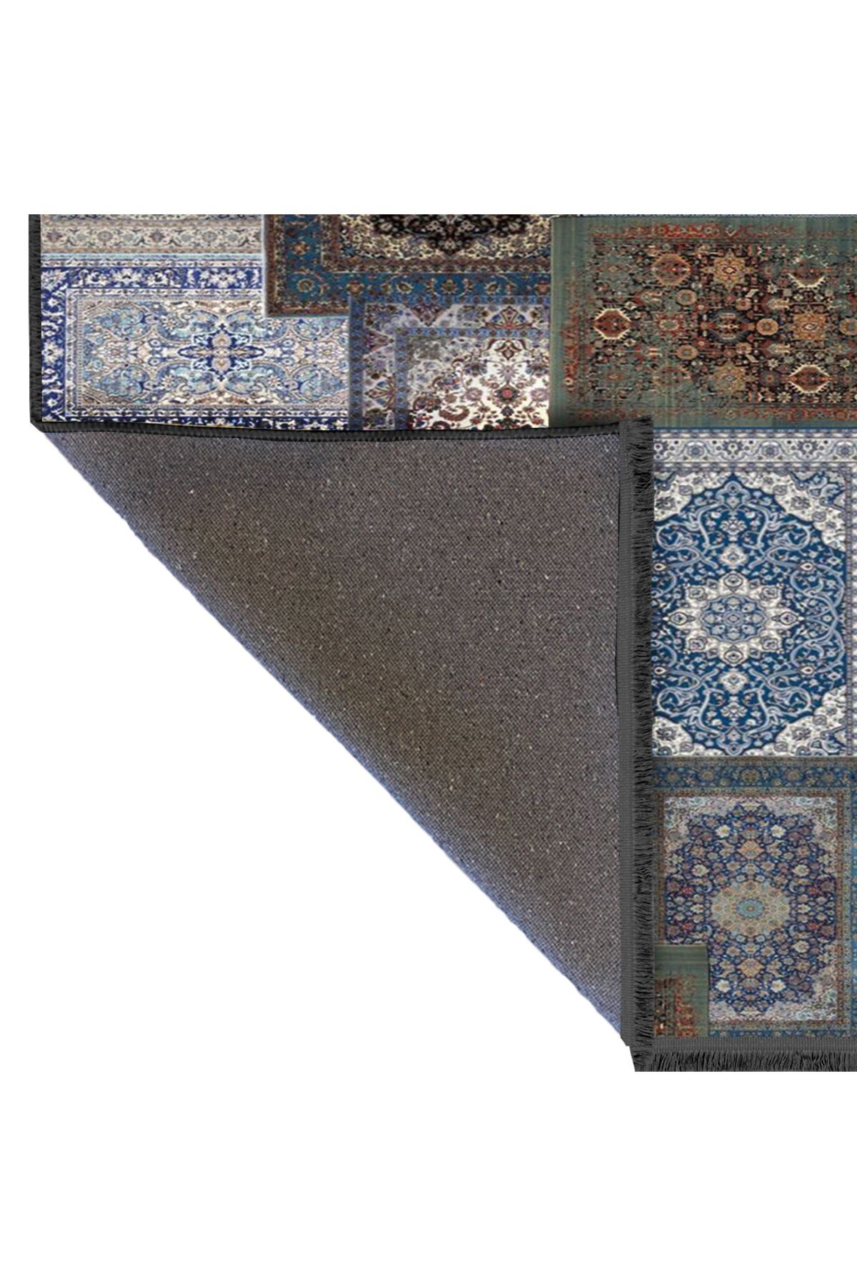 Kuvars Koleksiyonu Mavi Temalı Çok Renkli Vintage Desenli Dokuma Taban Etnik Dekoratif Halı kuvars14