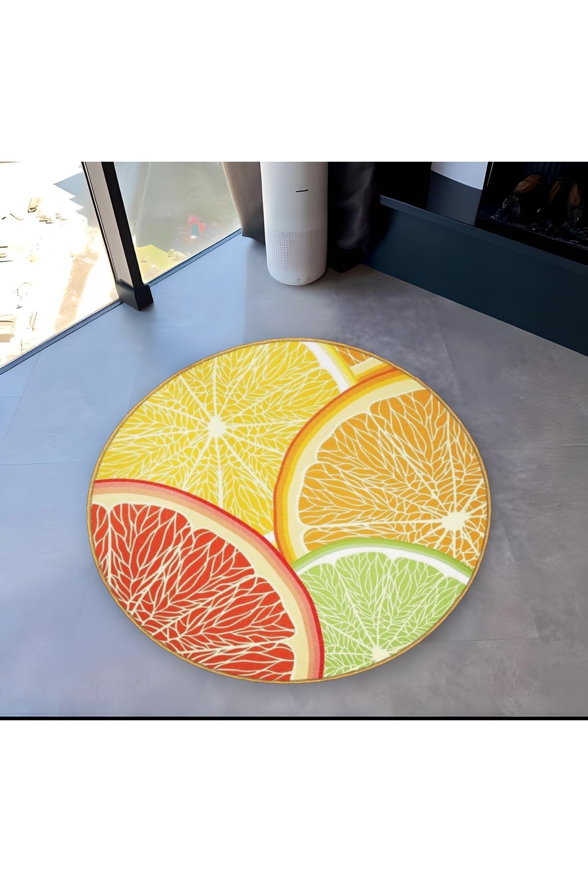 Mira Yuvarlak Sarı Turuncu Yeşil Limon ve Portakal Dilimi Desenli Dokuma Taban Dekoratif Halı 5778