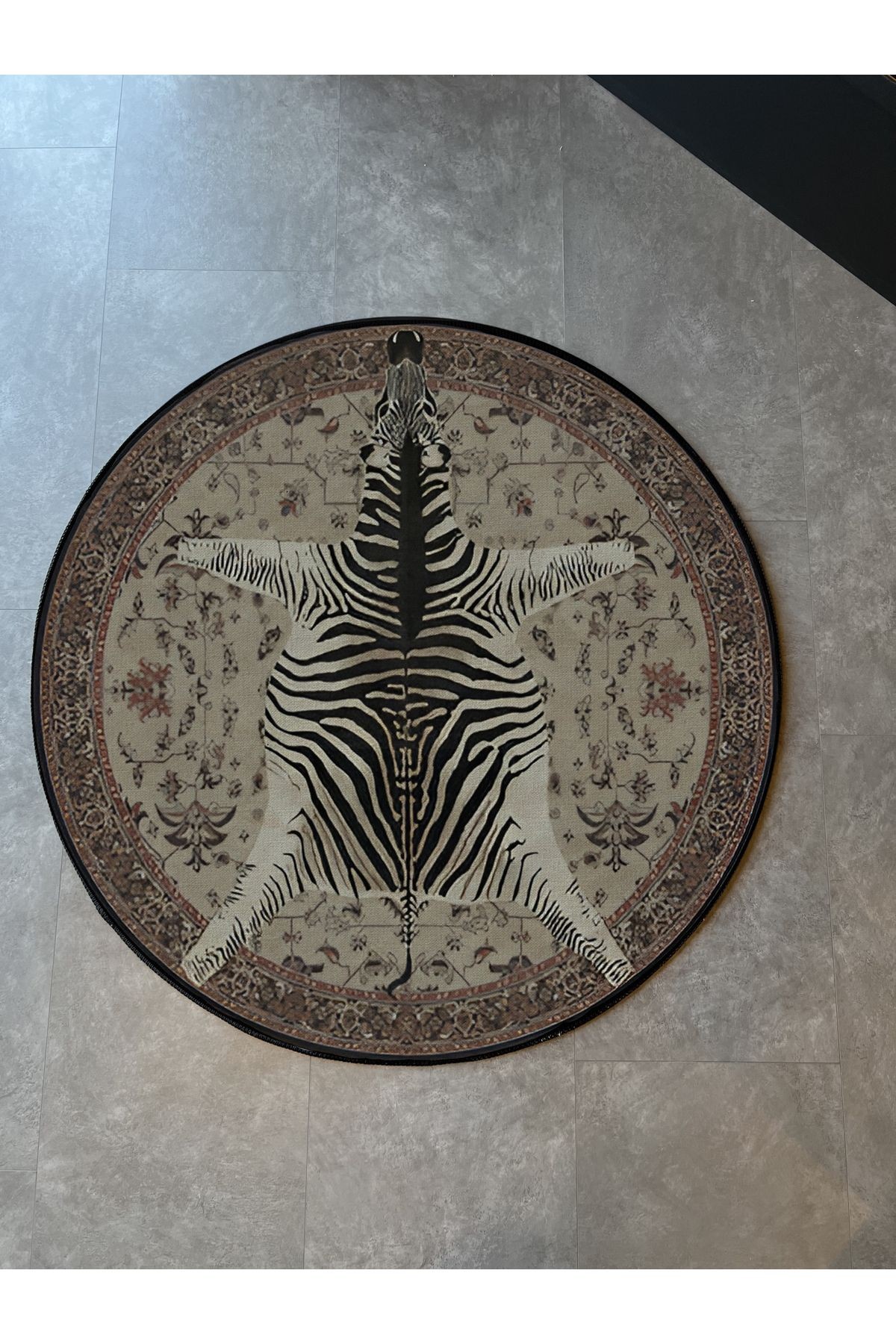 Yuvarlak Zebra Bej Etnik Desenli Dokuma Taban Dekoratif Halı