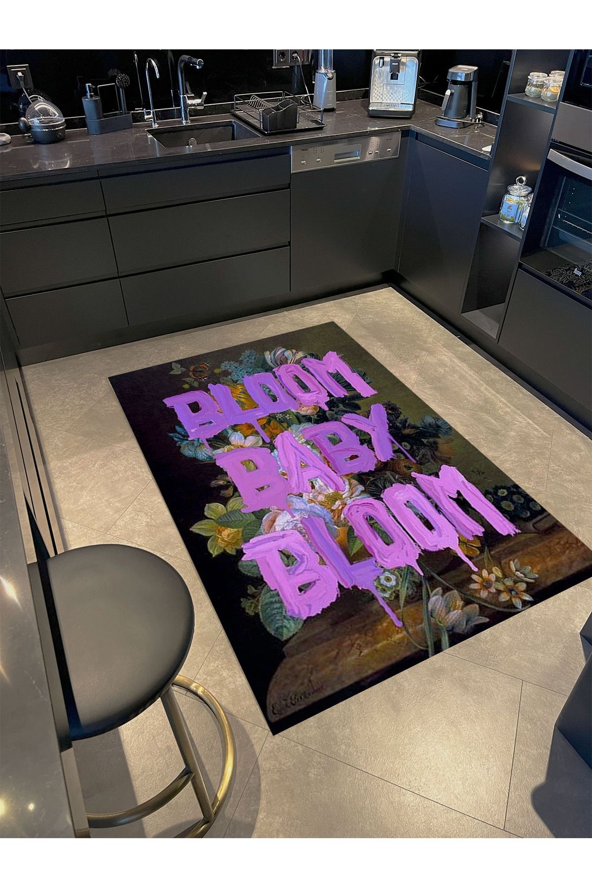 Ebru Koleksiyonu Çiçek Desenli Mor Yazı Detaylı Dokuma Taban Modern Dekoratif Halı ebru43