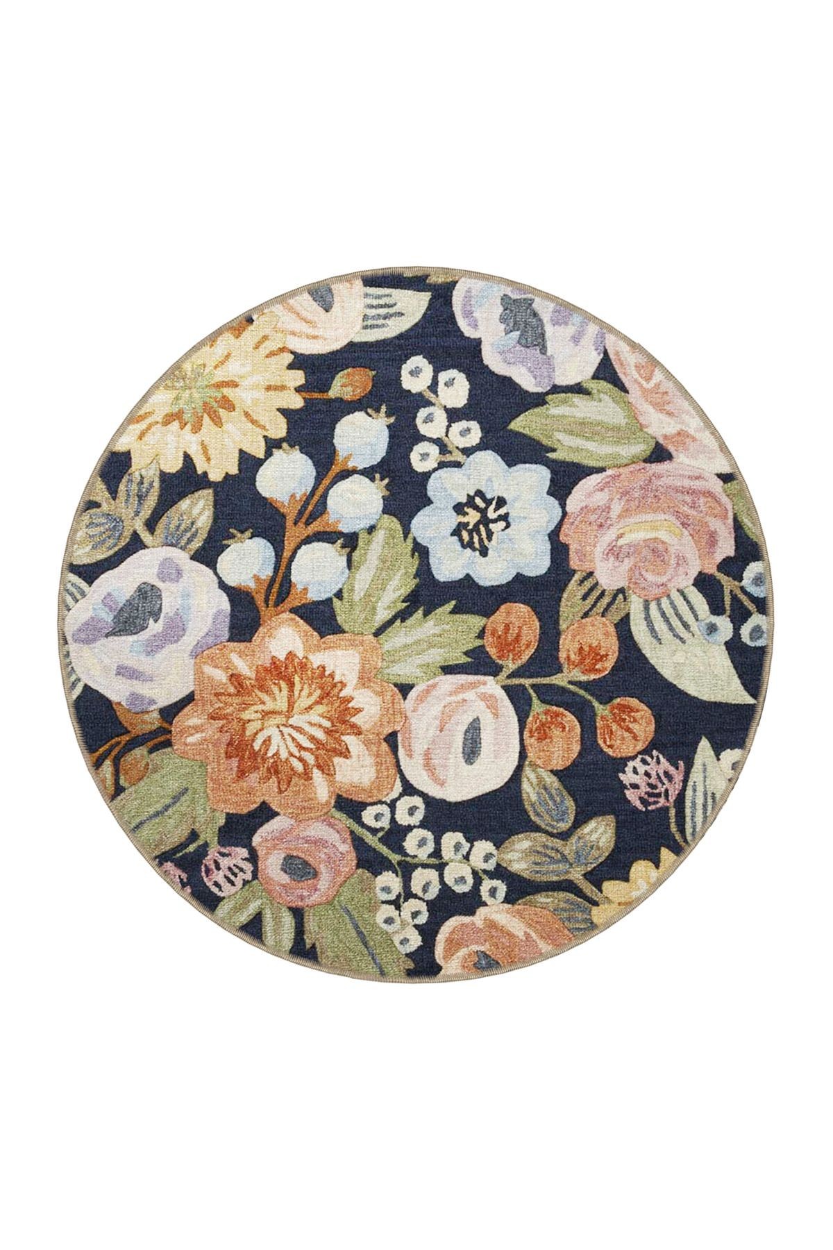 Lacivert Temalı Floral Çok Renkli Çiçek ve Gül Desenli Modern Dekoratif Halı 3433