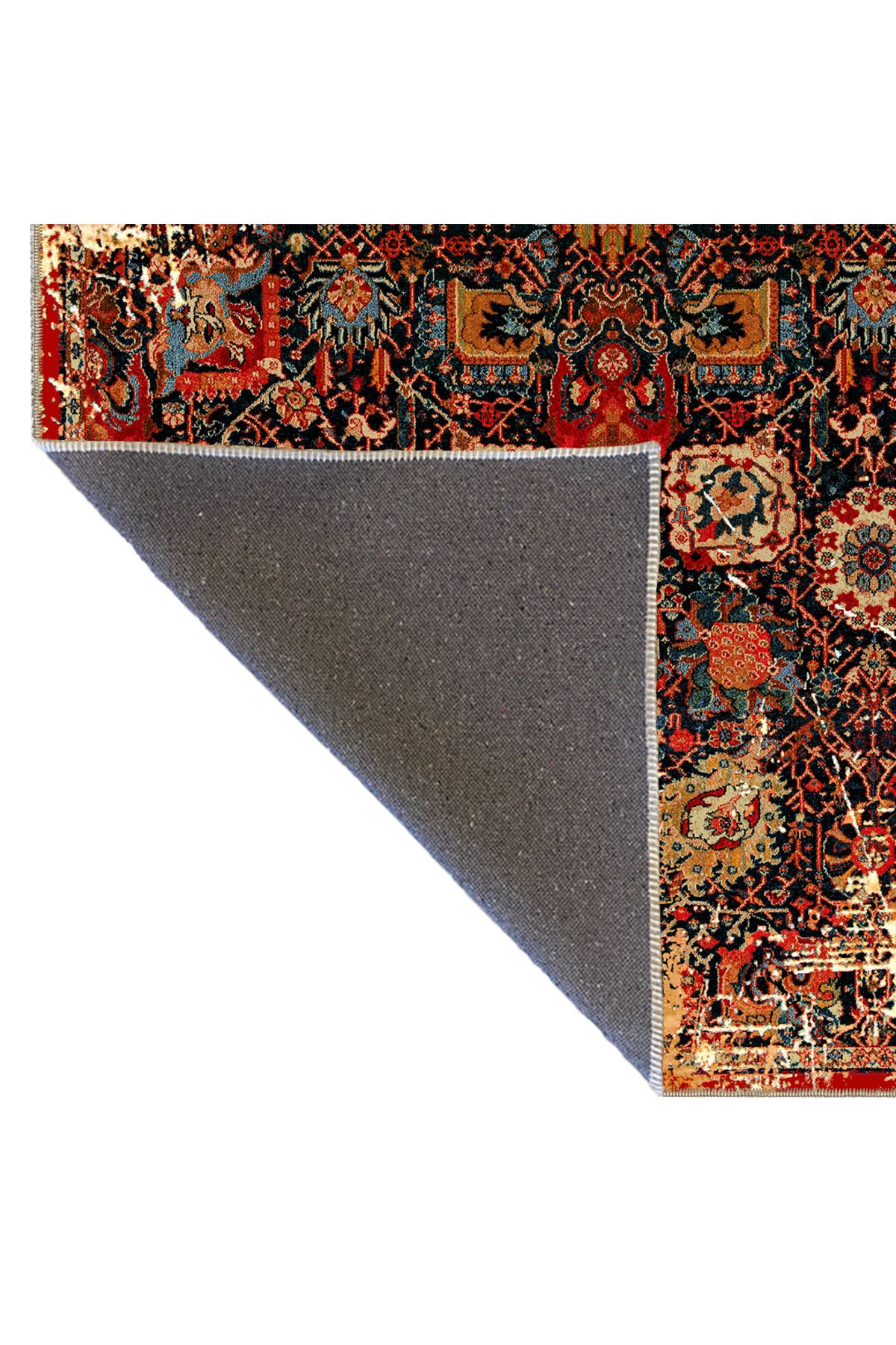 Turuncu ve Karışık Renkli Çiçekli Floral Geometrik Modern Dekoratif Halı miravip206