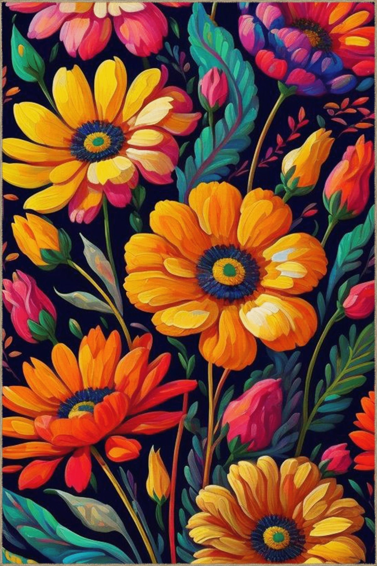 Floral Temalı Çok Renkli Yaprak ve Çiçek Papatya Desenli Modern Dekoratif Halı 4736