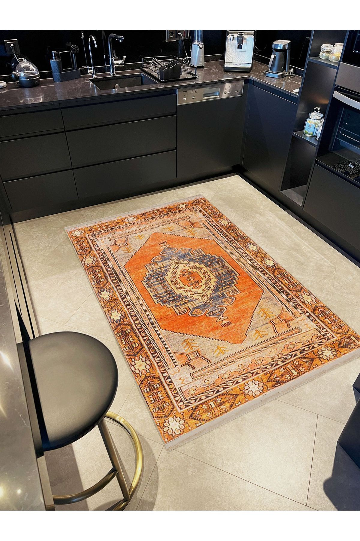 Alya Koleksiyonu Turuncu Etnik Desenli Dokuma Taban Modern Dekoratif Halı alya27