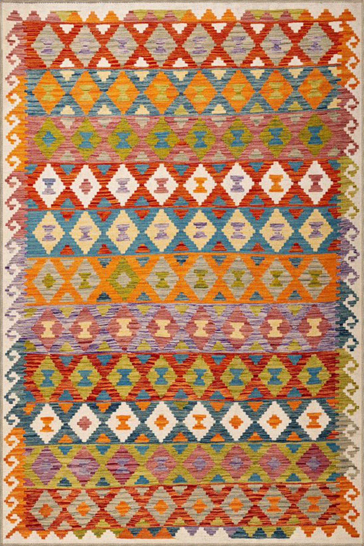 Turuncu Geometrik Modern Baklava Desenli Dokuma Taban ve Dekoratif Halı miravip94