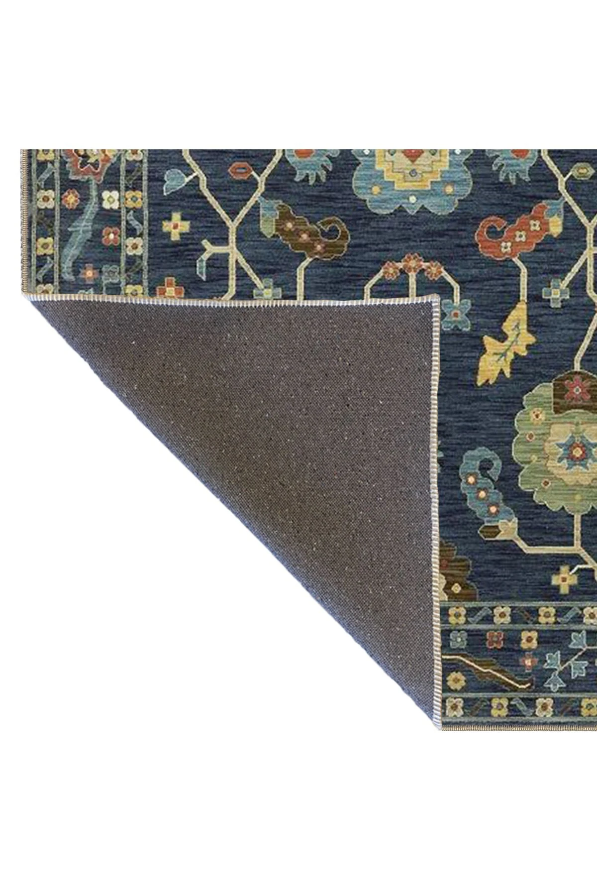 Lacivert Temalı Çok Renkli Motifli Etnik Çiçek Desenli Vintage Dekoratif Halı 3888