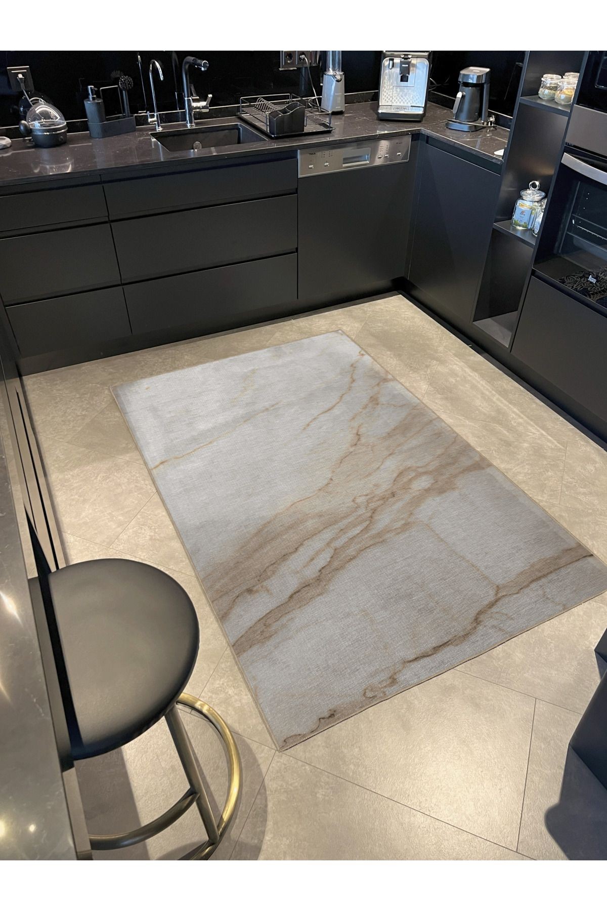 Bej Temalı Soyut Mermer Desenli Kreatif Modern Dekoratif Halı 3017