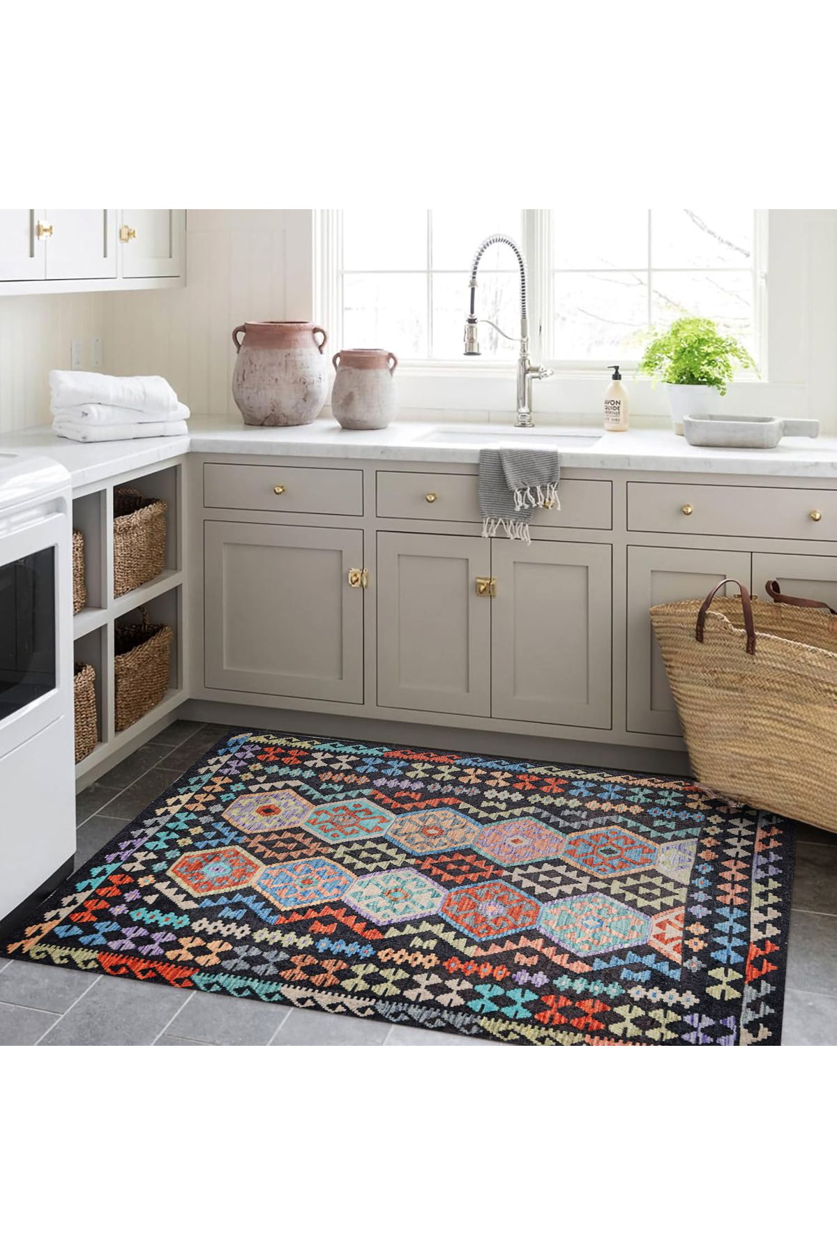 Mete Koleksiyonu Çok Renkli İskandinav Geometrik Detaylar Desenli Vintage Dekoratif Halı 47