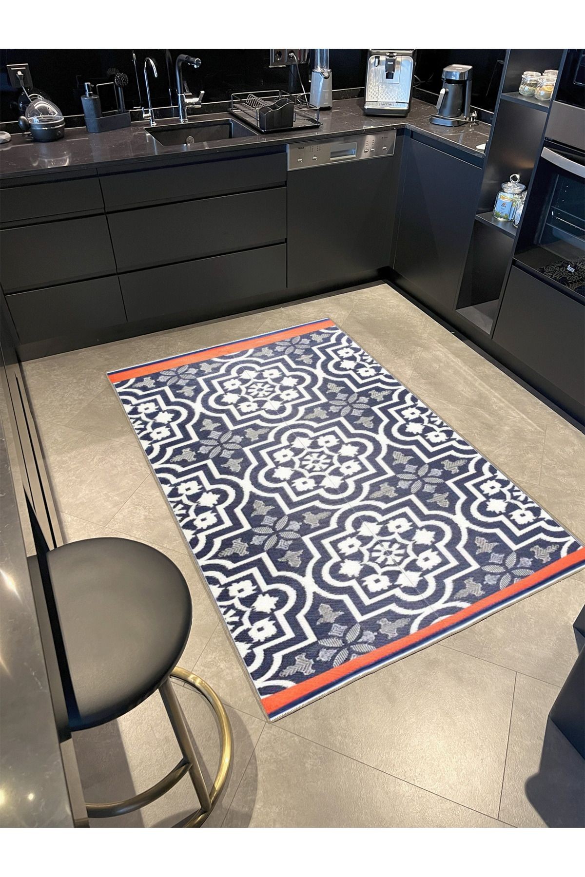 Turuncu Gri Geometrik Baklavalı Çizgili Desenli Dekoratif Yıkanabilir Halı miravip8409