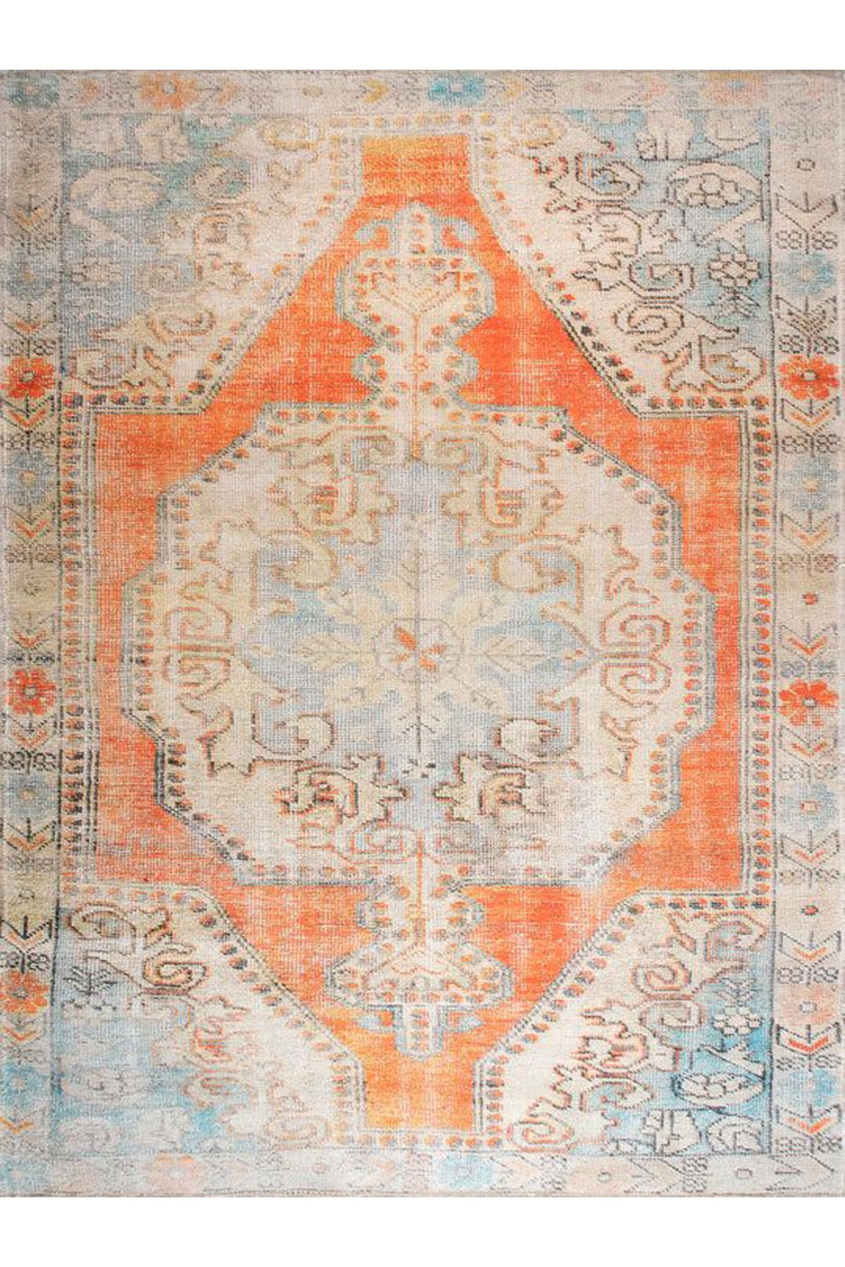 Asya Koleksiyonu Eskitme Görünümlü Turuncu Turkuaz Detaylı Dokuma Taban Modern Dekoratif Halı asya37