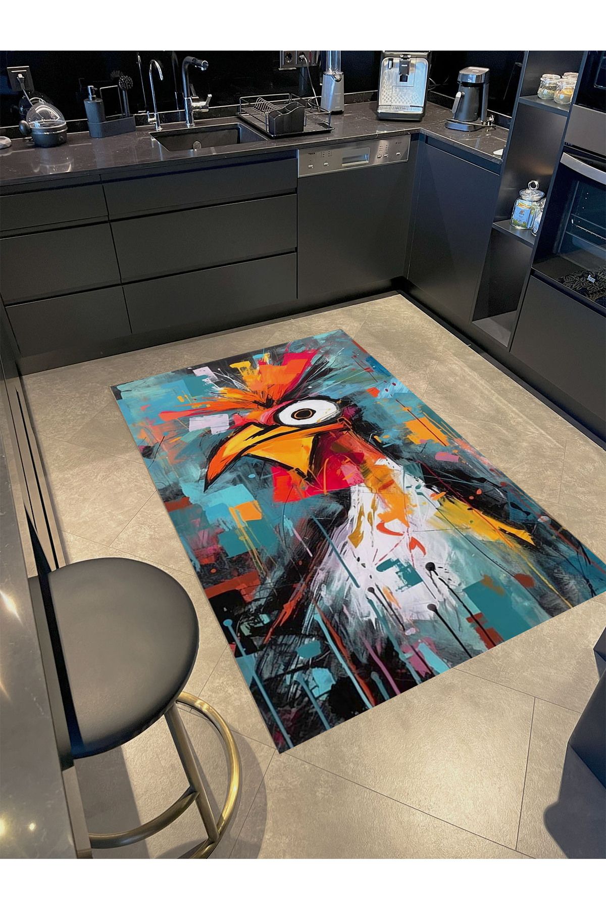 Kemal Koleksiyonu Renkli Karikatür Horoz Desenli Dokuma Taban Kreatif Modern Dekoratif Halı 44