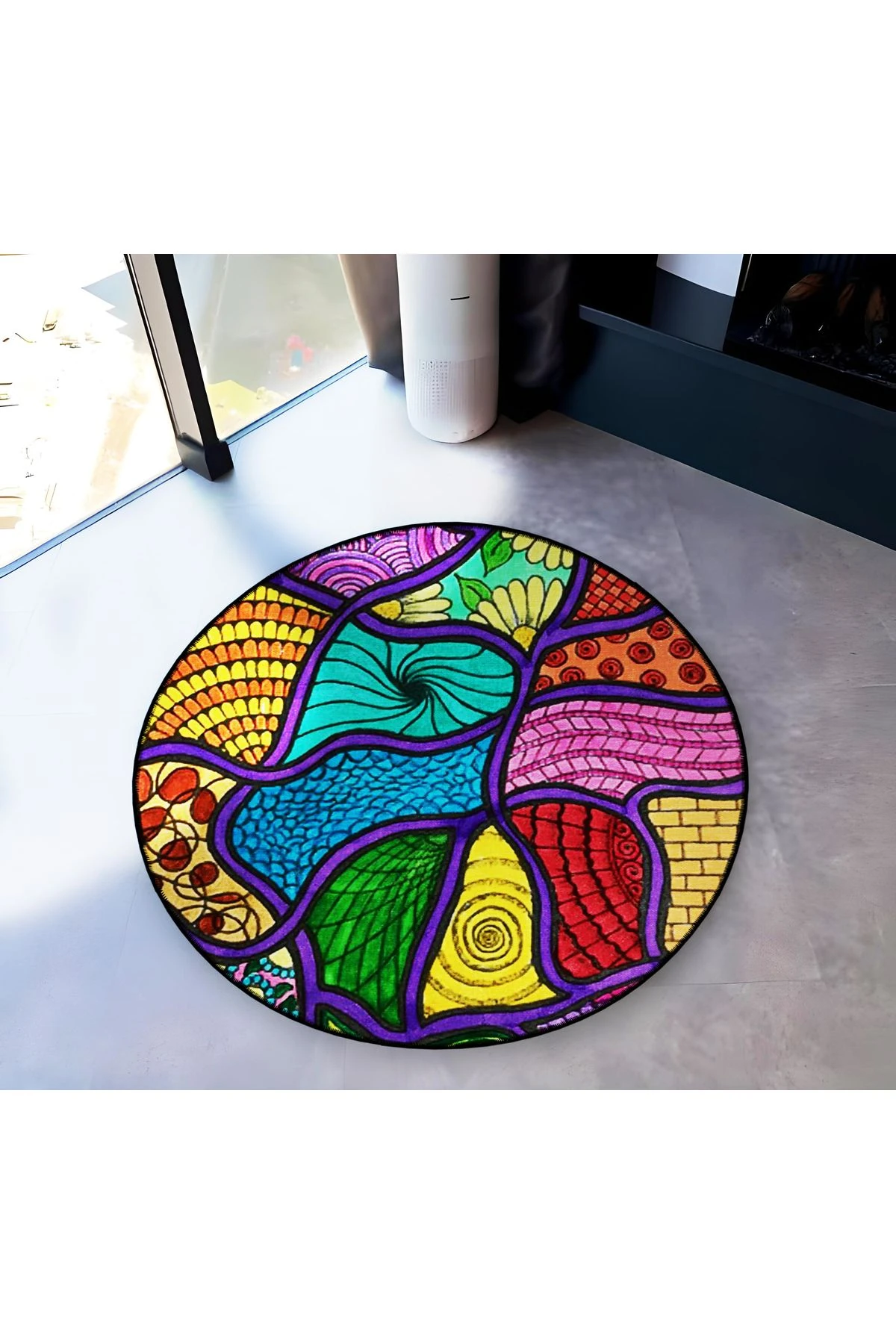 Mira Yuvarlak Çok Renkli Mor Çizgi Detaylı Dokuma Taban Modern Dekoratif Halı 5661