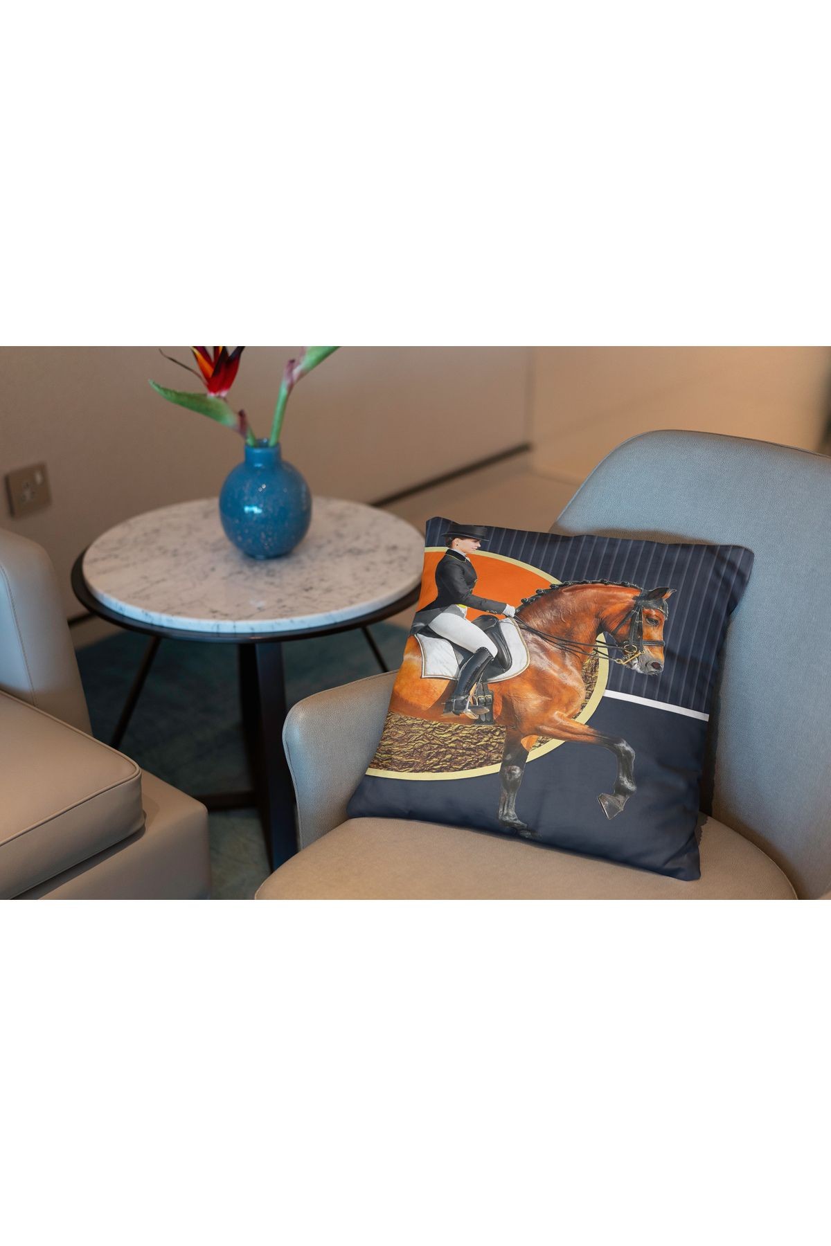Kırlent Siyah Turuncu At Ve Binicilik Temalı Kırlent Kılıfı Pillow42