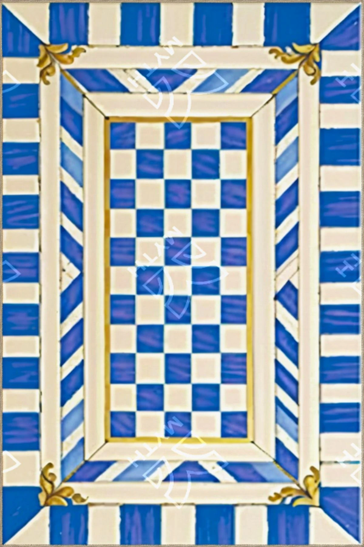 İçe Dönük Mavi Krem Geometrik Kareli Temalı Dokuma Taban ve Yıkanabilir Halı MYTH10