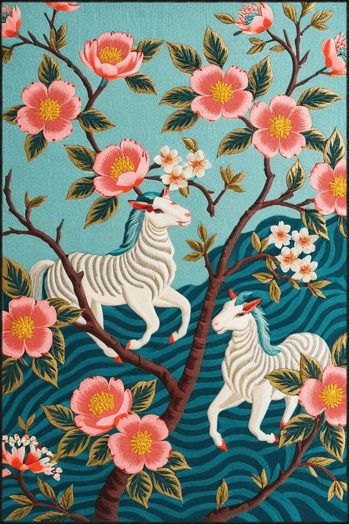 Paris Koleksiyonu Çok Renkli Boynuzlu At ve Çiçek Desenli Modern Dekoratif Halı 58