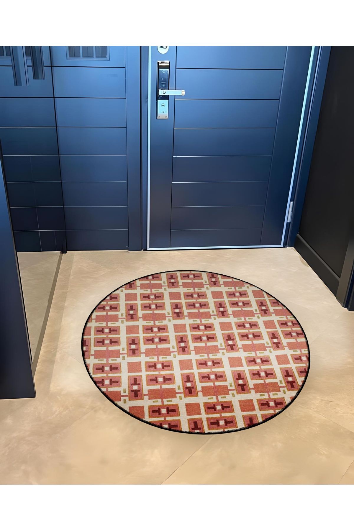 Kiremit Rengi Ekose Desenli Yuvarlak Dokuma Taban Modern Dekoratif Halı 6136