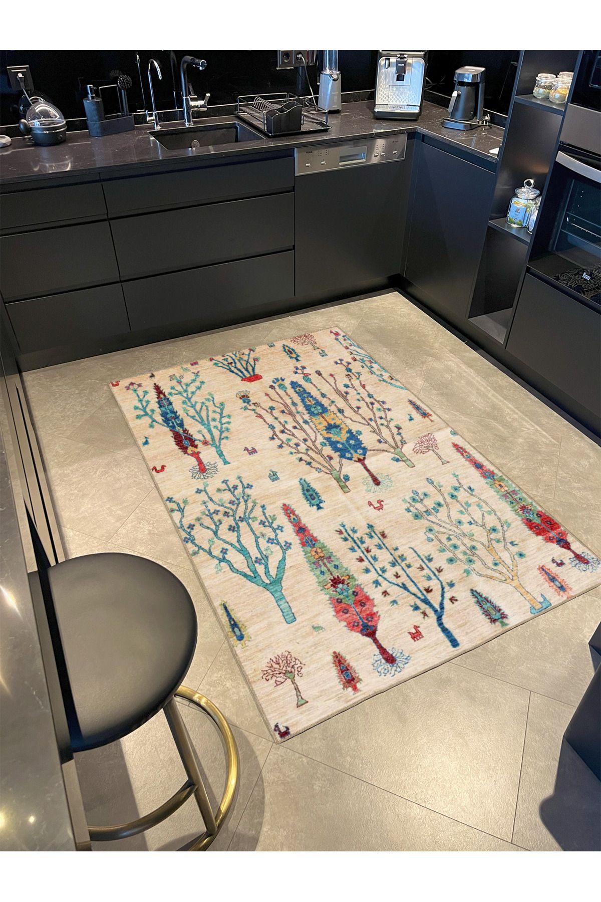 Krem Ağaçlı Desenli Dokuma Taban Halı ve Yıkanabilir Halı miravip10254