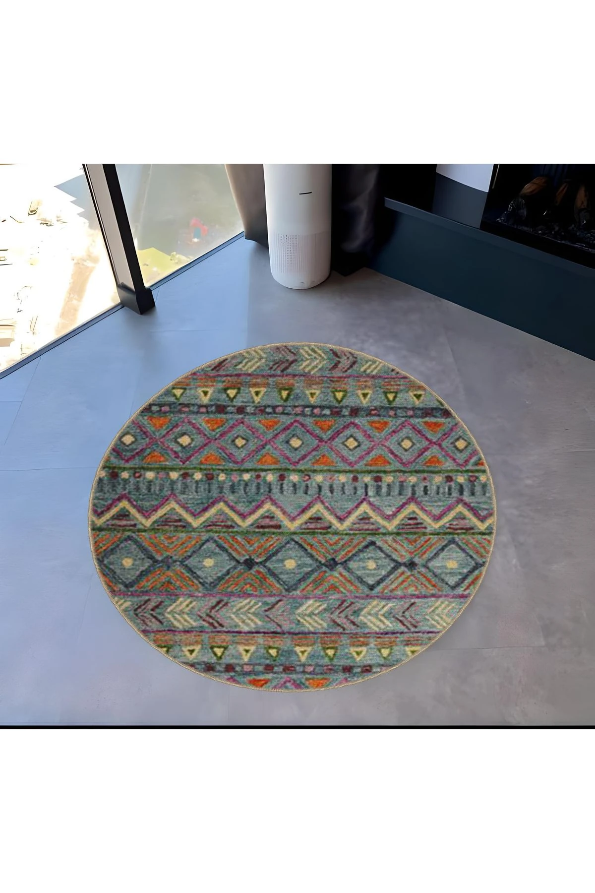 Çok Renkli Karma Etnik Motif Desenli Yuvarlak Dokuma Taban Modern Dekoratif Halı 6057