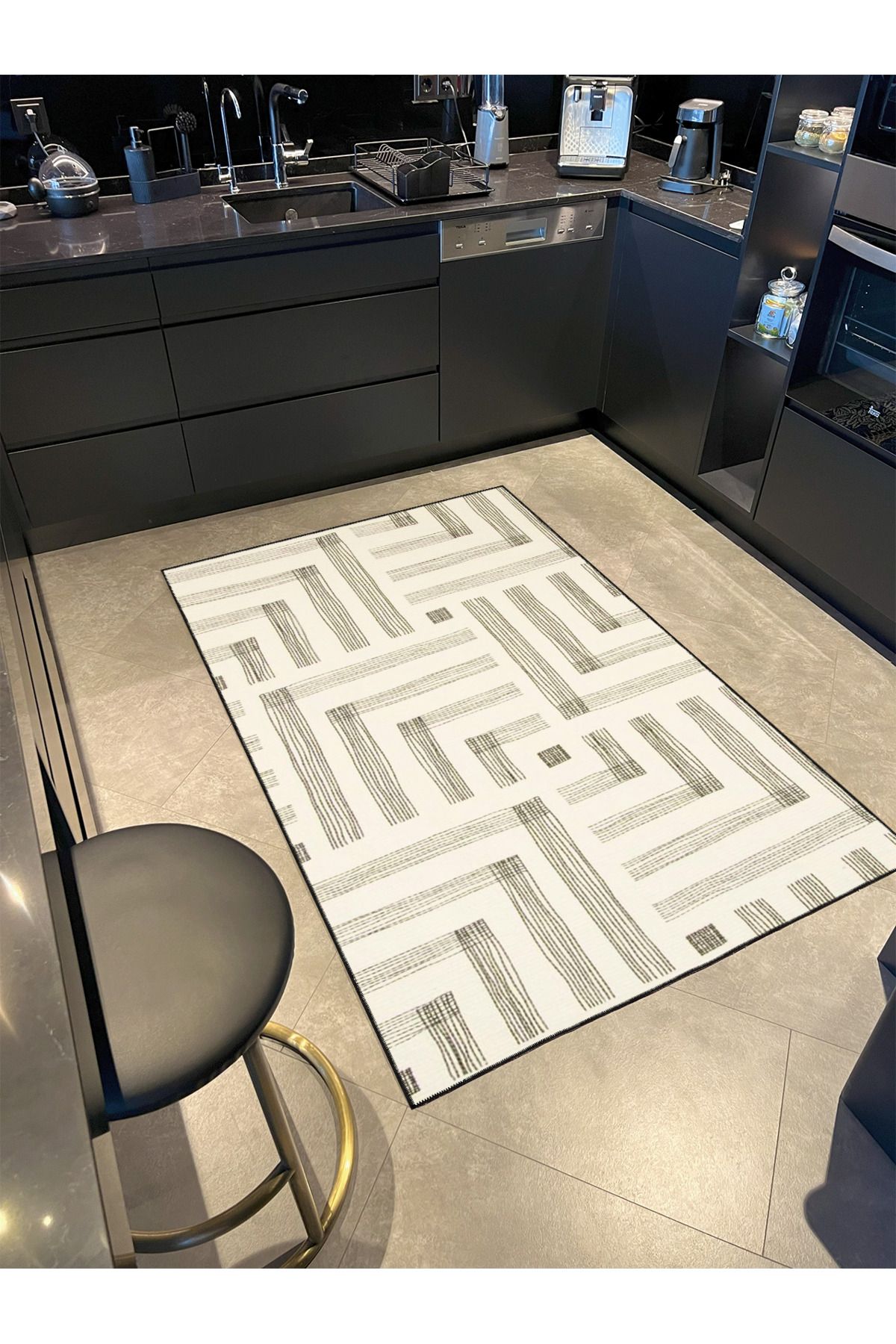 Kalem Çizgili Krem Temalı Dekoratif Halı ve Yıkanabilir Halı miravip9754