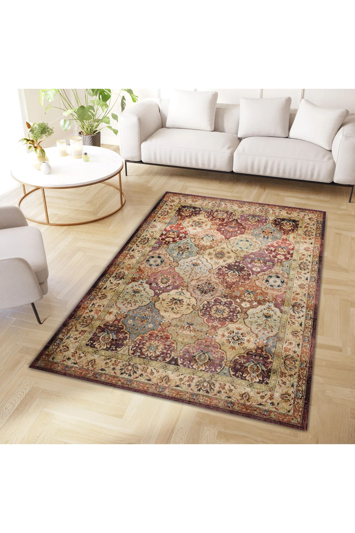 Kuzey Koleksiyonu Turuncu Bej Etnik Desenli Dokuma Taban Dekoratif Halı kuzey10