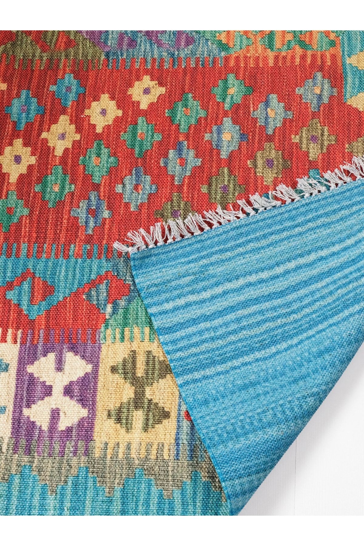Desenli Yeşil Pamuklu Çok Renkli Otantik Ve Etnik Kilim 507