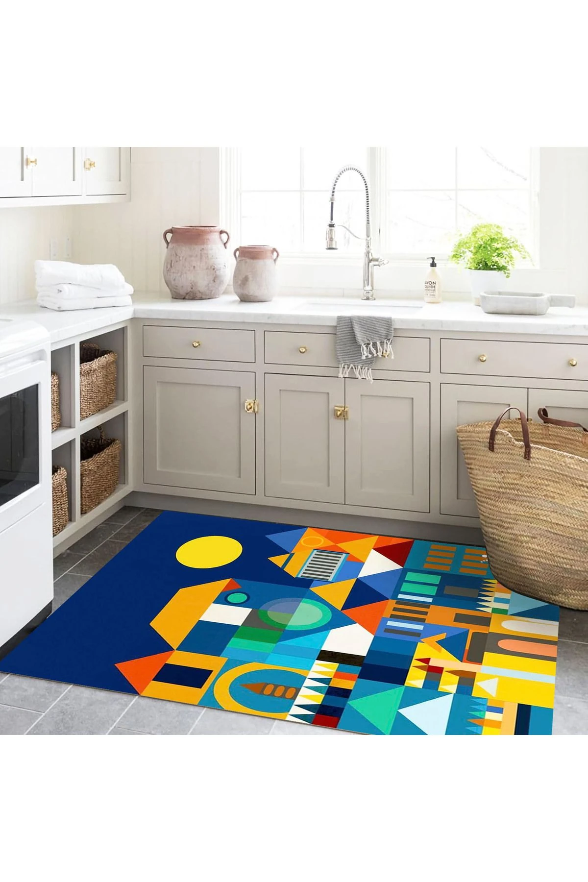 Güneş Koleksiyonu Çok Renkli Evler Desenli Dokuma Taban Modern Dekoratif Halı güneş04