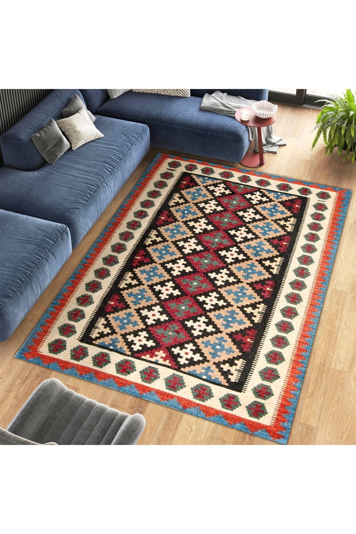 Aysu Koleksiyonu Siyah Detaylı Çok Renkli Etnik Desenli Dokuma Taban Modern Dekoratif Halı aysu28
