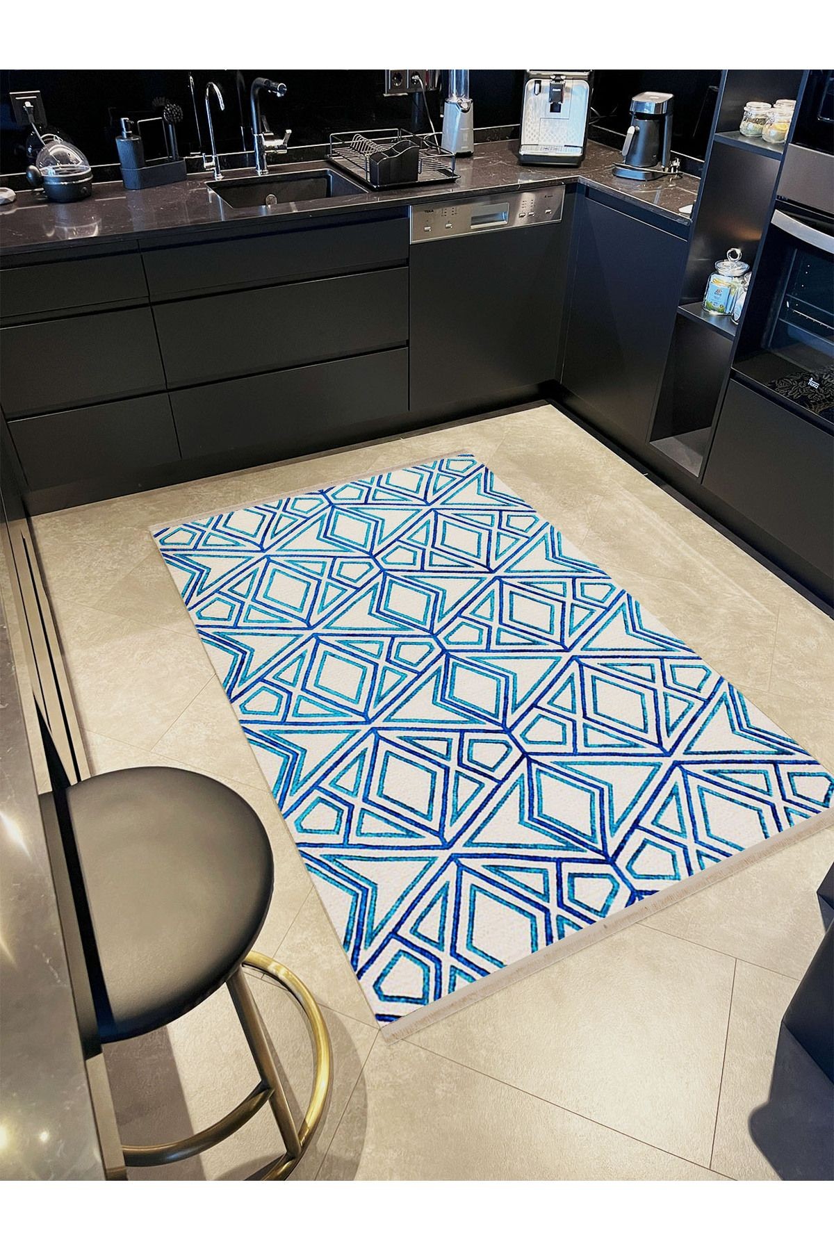 Paris Koleksiyonu Mavi ve Krem Temalı karma Geometrik Şekiller Desenli Modern Dekoratif Halı 154