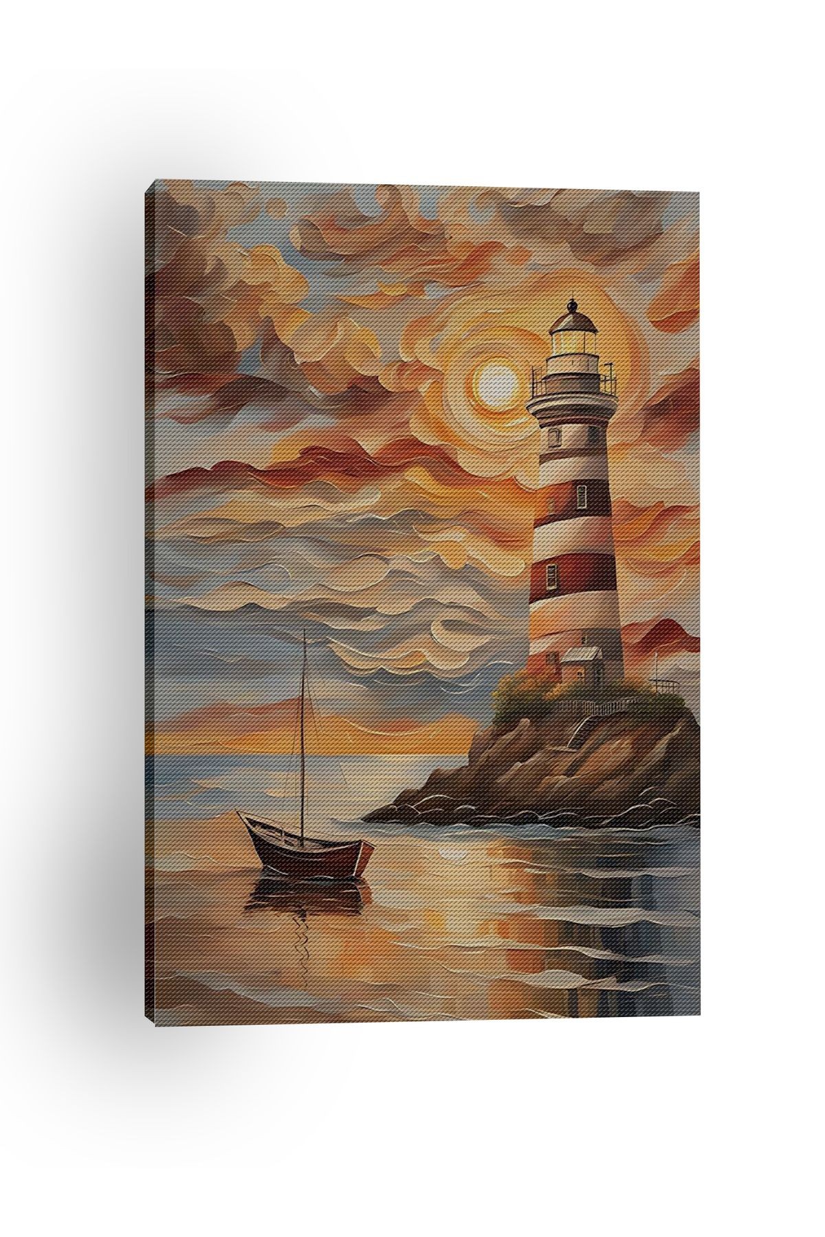 Kanvas Tablo Deniz Feneri ve Gün Batımı Desenli Modern Tablo