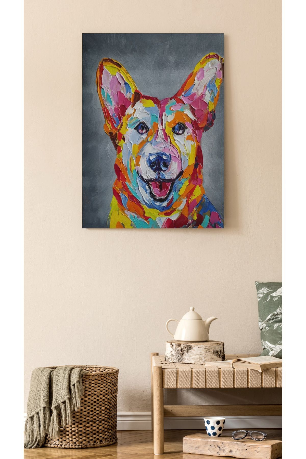 Kanvas Tablo Gülen Köpek Desenli Renkli Temalı Modern Tablo