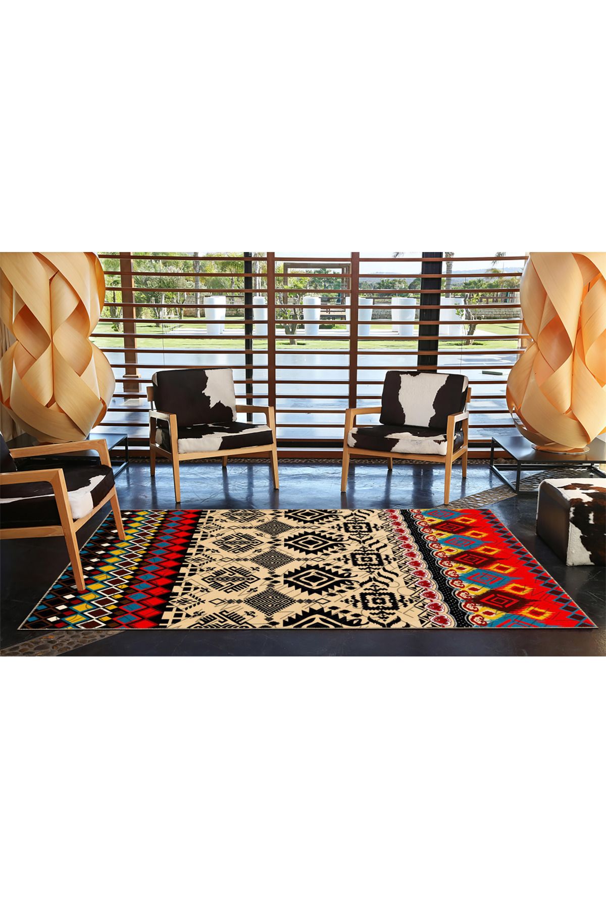 Çok Renkli Motifli Etnik Figür Desenli Vintage Dekoratif Halı 4717