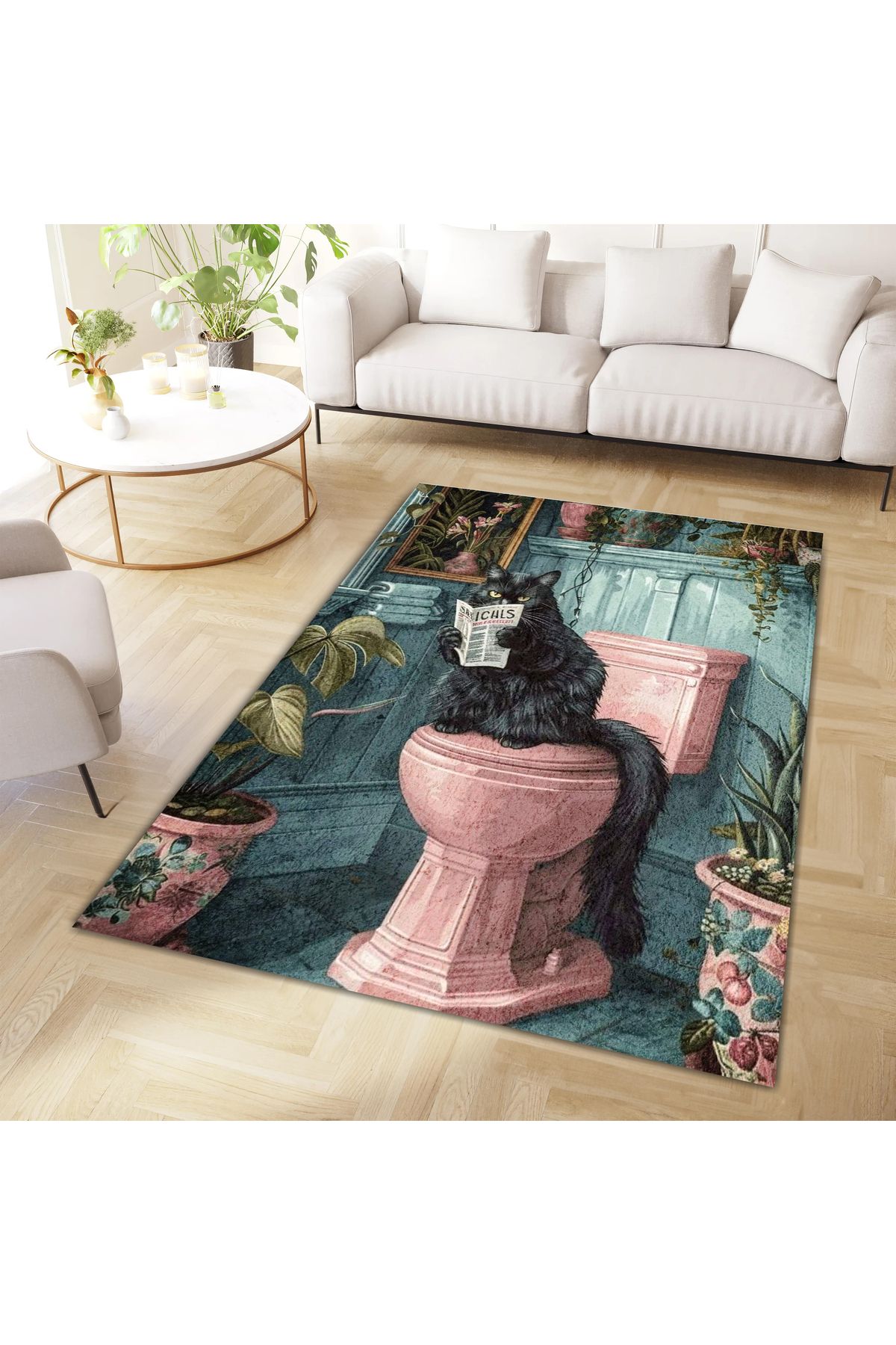 Kuzey Koleksiyonu Renkli Banyoda Gazete Okuyan Siyah Kedi Dokuma Taban Dekoratif Halı kuzey24